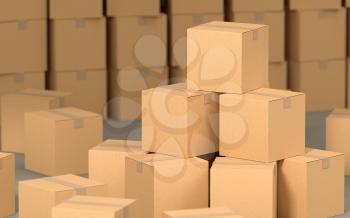 Cartons stacked together, factory warehouse, 3d rendering. Computer digital drawing.