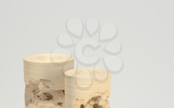 Empty wood cylinder stage with white background, 3d rendering. Computer digital drawing.