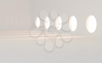 Empty white room with round window, 3d rendering. Computer digital drawing.