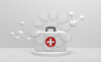 Medical kit and molecules with white background, 3d rendering. Computer digital drawing.