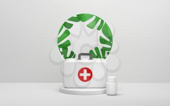 Medical kit and medical bottle in a white room, 3d rendering. Computer digital drawing.