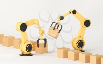 The robotic arm picks up the box, 3d rendering. Computer digital drawing.