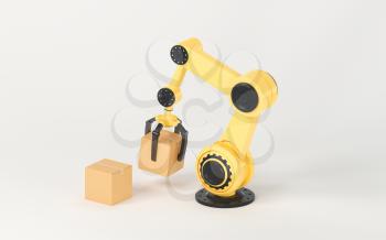 The robotic arm picks up the box, 3d rendering. Computer digital drawing.