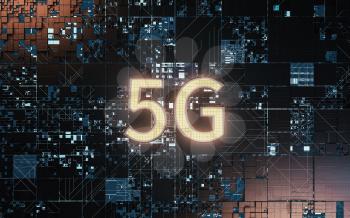 5G communication technology with black background, 3d rendering. Computer digital drawing.