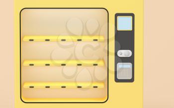 Empty vending machine with yellow background, 3d rendering. Computer digital drawing.