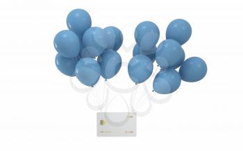 Balloons and bank card with white background, 3d rendering. Computer digital drawing.