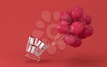 Balloons and presents with red background, 3d rendering. Computer digital drawing.