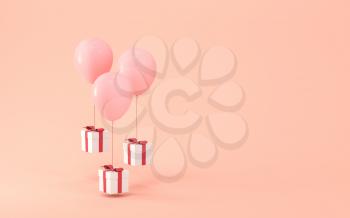 Balloons and presents with pink background, 3d rendering. Computer digital drawing.