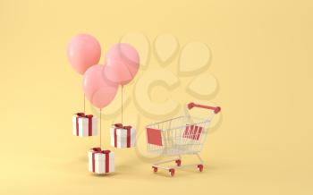 Balloons and presents with yellow background, 3d rendering. Computer digital drawing.