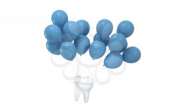 Balloons and tooth with white background, 3d rendering. Computer digital drawing.