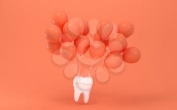 Balloons and tooth with orange background, 3d rendering. Computer digital drawing.