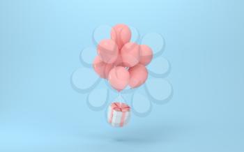 Balloons and presents with blue background, 3d rendering. Computer digital drawing.
