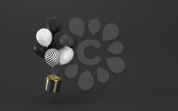 Balloons and presents with black background, 3d rendering. Computer digital drawing.