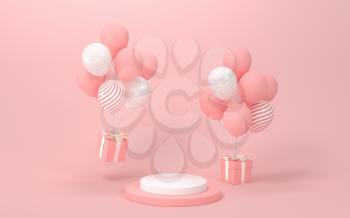 Balloons and presents with pink background, 3d rendering. Computer digital drawing.