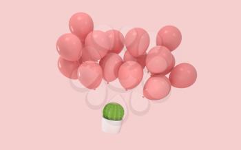 Balloons and cactus with pink background, 3d rendering. Computer digital drawing.