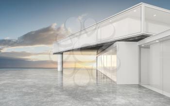 White architecture with outdoor view, 3d rendering. Computer digital drawing.