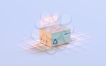 Carton and bar code, commodity inspection and transportation, 3d rendering. Computer digital drawing.