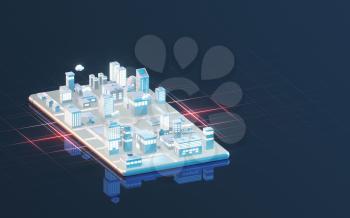 Information transfer between smart phones and cities, 3d rendering. Computer digital drawing.