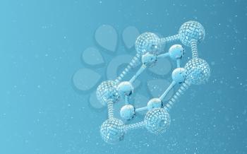 Chemical molecule with blue background, 3d rendering. Computer digital drawing.