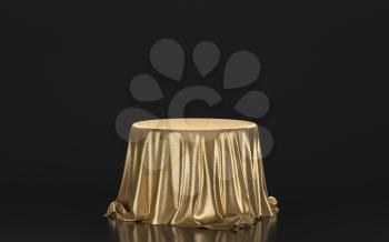 Gold tablecloth over the empty table, 3d rendering. Computer digital drawing.