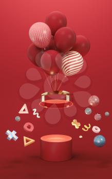 Balloons and Presents with red background, 3d rendering. Computer digital drawing.