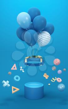 Balloons and Presents with blue background, 3d rendering. Computer digital drawing.