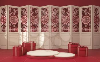 Empty stage and chinese style room, 3d rendering. Computer digital drawing.