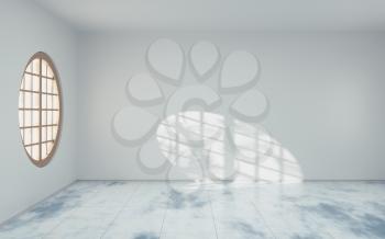 Empty room with round wood window, 3d rendering. Computer digital drawing.