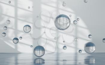 Empty room and bubbles, 3d rendering. Computer digital drawing.