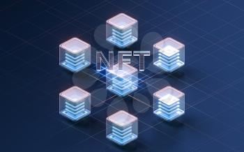 NFT nonfungible tokens concept with dark background, 3d rendering. Computer digital drawing.