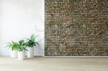 Brick Wall with Plants, Empty Interior Room, Simple Office Trend, Fashion Conceptual Style, 3D Rendering Art Graphic Design.