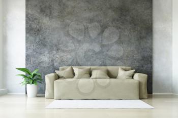 Modern Beige Sofa with Pillows and Plant near the Stylish Dirty Concrete  Wall and White Carpet on the Wooden Floor, Fashion Decor, Living Room Conceptual Style, 3D Rendering Trendy Art Graphic Design.