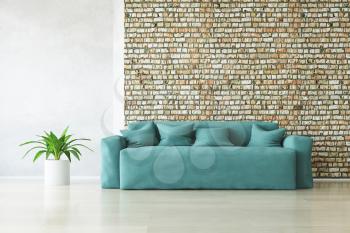 Modern Turquoise Sofa with Pillows and Plant near the Stylish Brick Wall on the Wooden Floor, Fashion Decor, Living Room Conceptual Style, 3D Rendering Trendy Art Graphic Design.