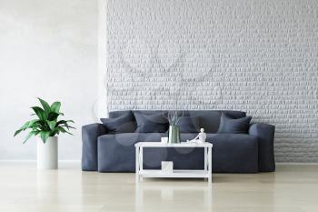 Modern Blue Sofa with Pillows and Table near the White Brick Wall, Green Plant on the Wooden Floor, Fashion Decor, Living Room Conceptual Style, 3D Rendering Trendy Art Graphic Design.