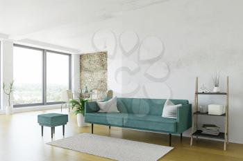 Modern White Interior Room with Minimalistic Design, Turquoise Sofa and Ladder Shelf with near the Old Wall, Table with Chairs near the Window, Fashion Conceptual Style, 3D Rendering Graphic Design