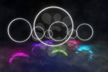Futuristic  Round Portals, Neon 3D Glow Lights with Fluorescence and Smoke on the Grunge Floor, 3D Rendering Background, Underground Design, Conceptual Cosmic Tomorrow Aesthetic Style.
