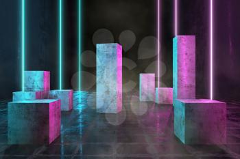 Led Technology Lines, Neon 3D Glow Lights with Fluorescence, Futuristic Grunge Dirty Columns, 3D Rendering Background, Underground Abstract Sci-Fi Design, Conceptual Cosmic Tomorrow Aesthetic Style.