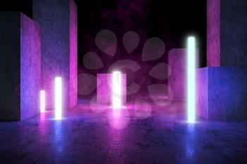 Neon 3D Power Lights with Fluorescence and Smoke, Grunge Concrete Columns, 3D Rendering Background, Underground Abstract Sci-Fi Design, Conceptual Cosmic Tomorrow Aesthetic Style.