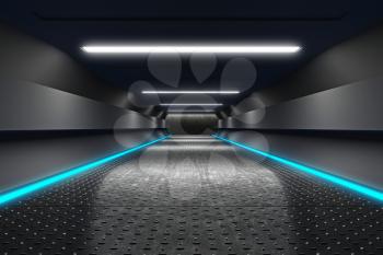 Futuristic Corridor with Neon Fluorescence Lights, Metal Anti-Slip Floor, 3D Rendering Futuristic Interior, Technology Abstract Sci-Fi Design, Conceptual Cosmic Tomorrow Aesthetic Style.