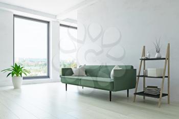 Modern Interior Room with Contemporary Furniture, Green Sofa, Plant and Ladder Shelf near the Old White Wall, Minimalistic Decor, Fashion Style, 3D Rendering Illustration, Contemporary Graphic Design