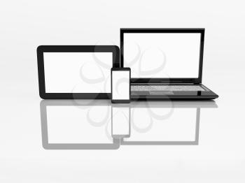 Royalty Free Clipart Image of a Laptop, iPad and Cell Phone