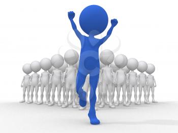 Royalty Free Clipart Image of Blue Figure Cheering and Others Behind