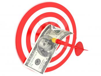 Royalty Free Clipart Image of a Hundred Dollar Bill on a Dartboard