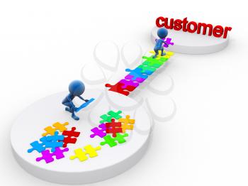 Royalty Free Clipart Image of Puzzles and People Building Towards the Word Customer