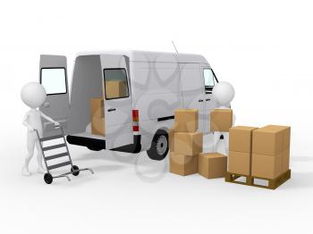 Royalty Free Clipart Image of Workers Loading Boxes into a Van