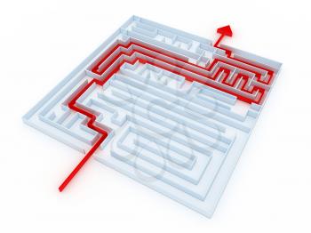 Royalty Free Clipart Image of a Labyrinth With a Red Line Pointing Out