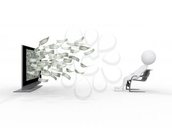 Royalty Free Clipart Image of a Man Sitting in Front of a TV With Money Flying Out of It
