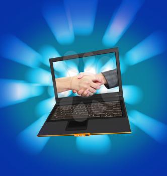 Royalty Free Clipart Image of a Laptop Showing a Handshake