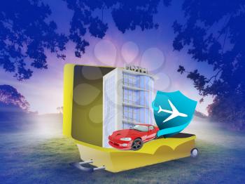 Royalty Free Clipart Image of a Suitcase With a Hotel, Plane and Car