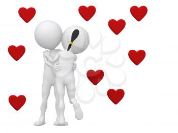 Royalty Free Clipart Image of a Couple Embracing Under Hearts